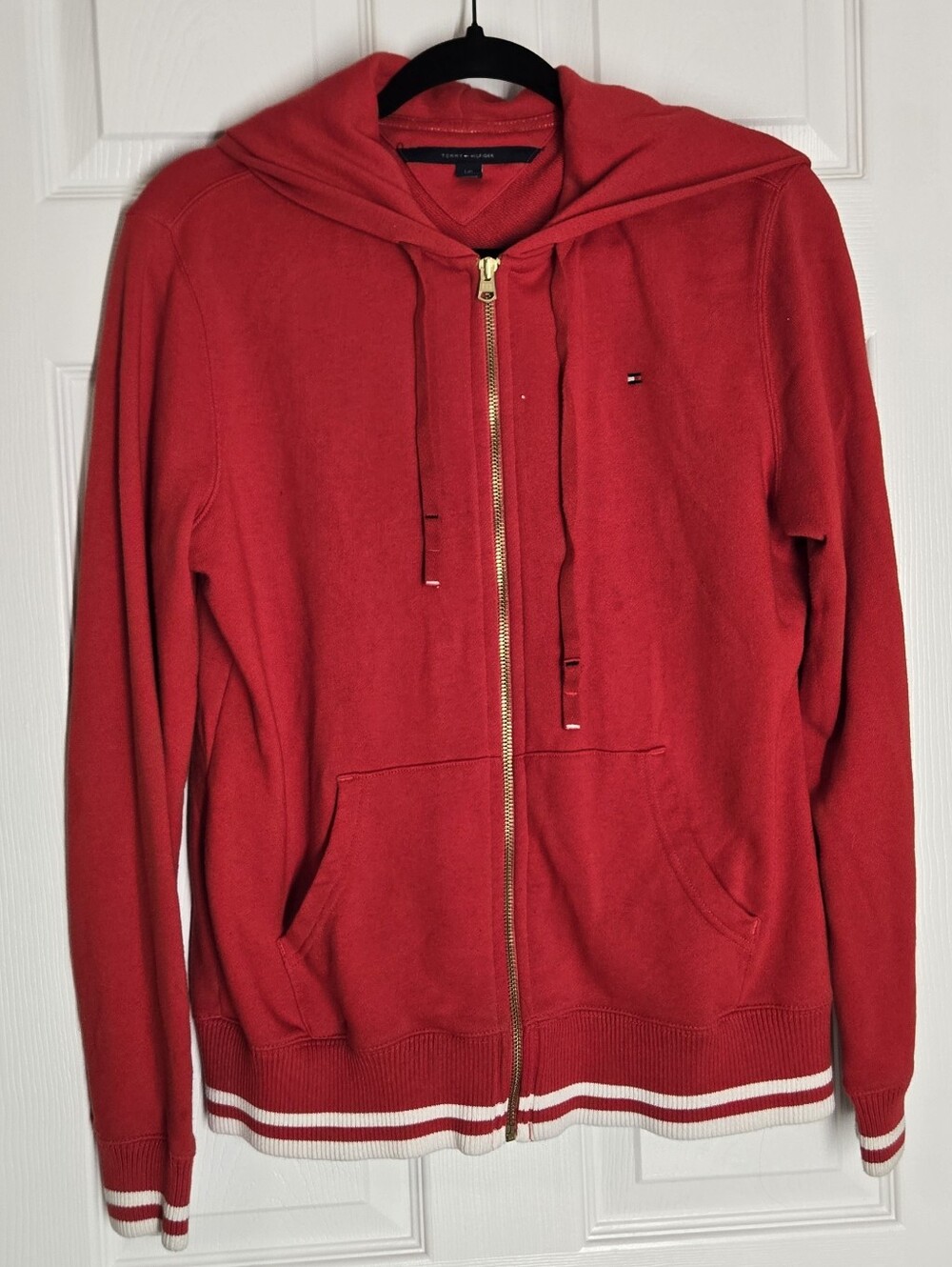 Tommy Hilfiger Red Heavyweight Full Zip Hoodie Gold Zipper Women's Large